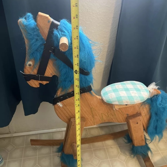 LARGE WOODEN ROCKING HORSE Handmade Toddler Toy Amish Furniture Blue - Picture 3 of 5